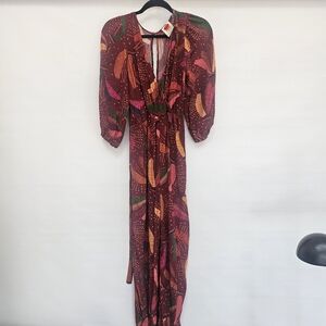Anthropologie Farm Burgundy Printed Long-Sleeve Long Leg Jumpsuit W/Tie